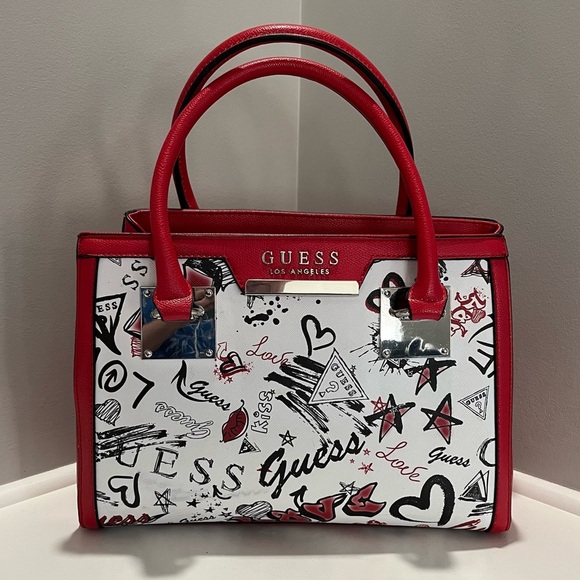 GUESS Double Compartment Tote Satchel Top Handles Crossbody Strap Sketch Pattern - Picture 1 of 16